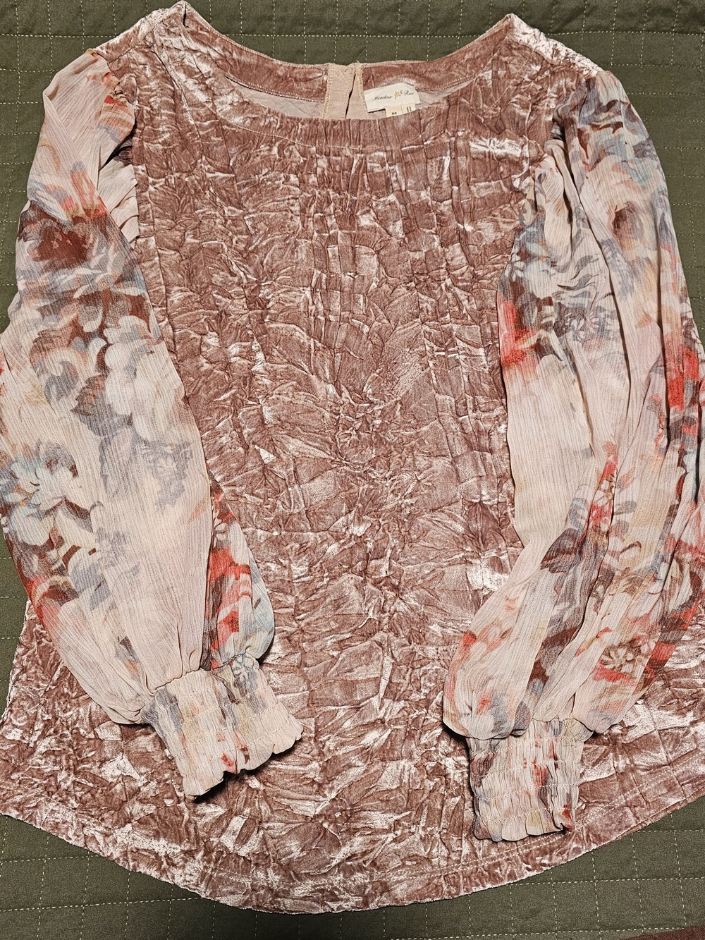 Meadow Rue Blush Crushed Velvet Top with Floral Sheer Sleeves